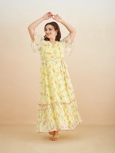Miss Chase A+ Women's Bohemian V-Neck Flutter Sleeve Chiffon Relaxed Fit Wrap Maxi Dress (APAW24D94-14-PAC-09, Multicolored Base Marigold Yellow, 4XL)
