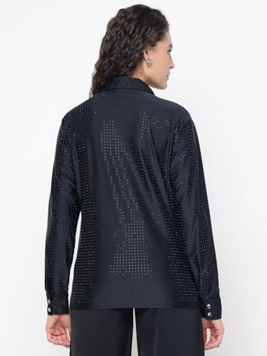 GUESS Eliana Shiny Crystal Slinky Jet Black Embellished Spread Collar Regular Fit Shirt