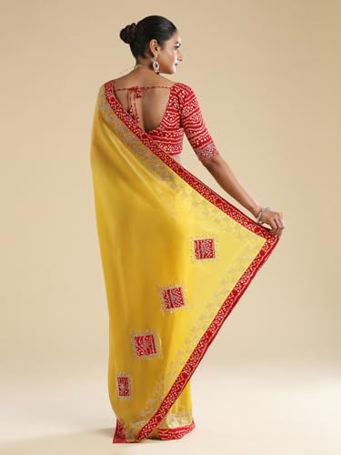 AKHILAM Women's Yellow Tissue Embellished Embellished Saree With Unstitched Blouse Piece (ANIKA3901_AG)