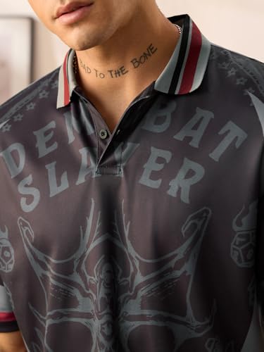 The Souled Store Stranger Things Join The Club Men and Boys Short Sleeves Polo Collar Charcoal Grey Sporty Casual Lightweight Drop Shoulder Streetwear Easy Dry Trendy Oversized Jerseys