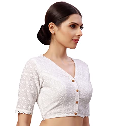 Studio Shringaar Women's Readymade Natural Cotton Elbow Length Sleeves Chikankari Saree Blouse (White, 50)