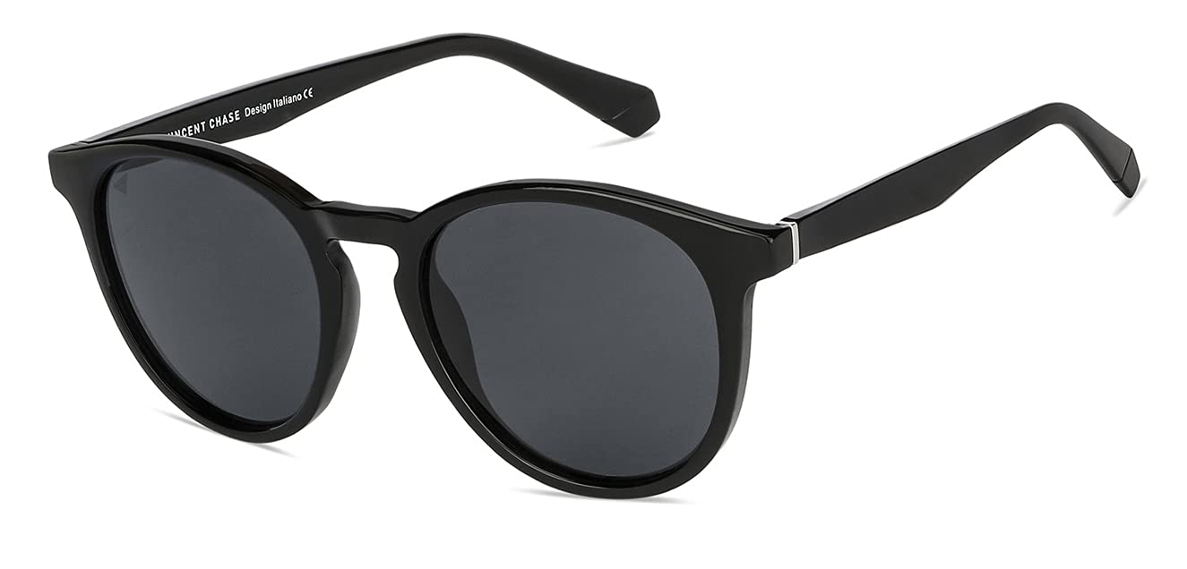 VINCENT CHASE EYEWEAR Vc S13972 By Lenskart | Full Rim Round Branded Latest And Stylish Sunglasses | Polarization And 100% Uv Protected | Men & Women | Large | (Color:-Black/Lens Grey)-Pack Of 1