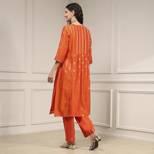 Biba Women's Orange Silk Straight Yarndyed Suit Set