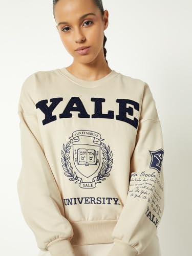 Women Boxy Fit Chenille Embroidered Sweatshirt (Beige_XS)