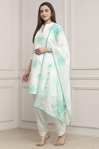 Biba Women Turquoise Cotton Straight Suit Set_42