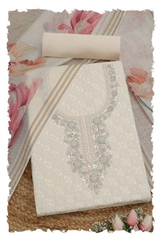 Soch Womens Cream Rayon Embroidered Unstitched Dress Material With Cutdana