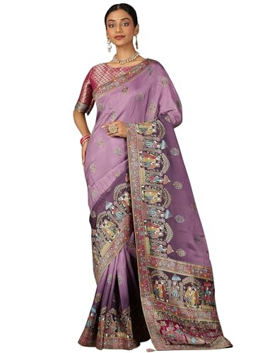 AKHILAM Women's Lavendar Viscose Silk Ethnic Motif Saree With Unstitched Blouse Piece (MSTANI161A_HS)