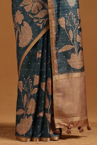 Soch Womens Blue Tussar Botanical Saree
