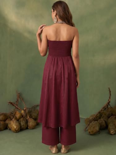 Varanga womens Maroon Halter-Neck Embroidered Anarkali Set