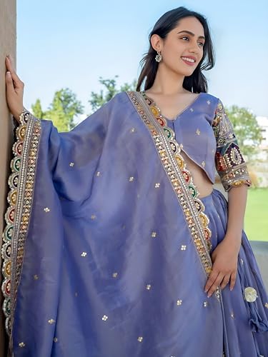 Zeel Clothing Women's Sequins Thread Embroidered Cosmos Silk Lehenga Choli With Dupatta (5128-Women-Lehenga-Choli-Latest; Free size) (Lavender)