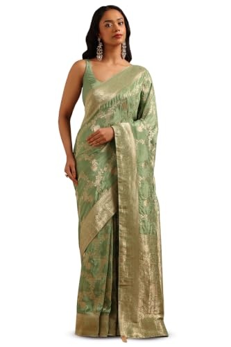 Soch Womens Olive Silk Blend Botanical Zari Woven Saree