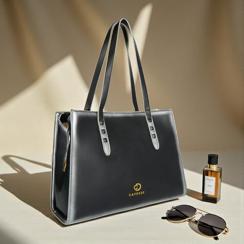 Caprese Dee Large Laptop Compatible Tote Bag for Women with Multi Compartments | Stylish Shoulder Bag with Premium Metal Letter Logo | Perfect for Daily Use Work, Office & Professionals (Black)