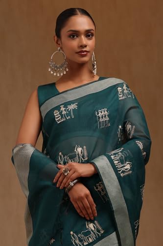 Soch Womens Teal Chanderi Warli Print Saree With Thread Work