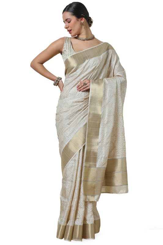 Soch Womens Beige Tussar Embroidered Saree With Sequins