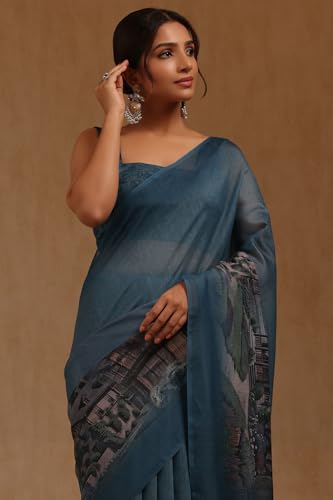 Soch Womens Teal Blue Chanderi Digital Print Saree