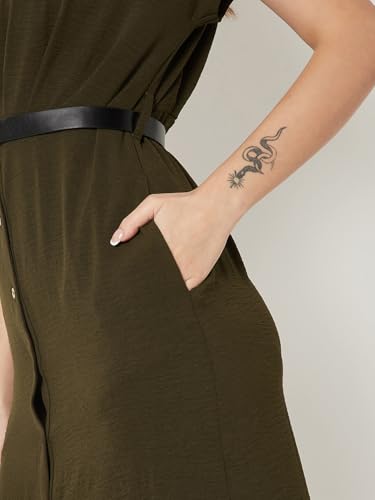 Max Women Solid Shirt Dress with Belt (Green_XS)