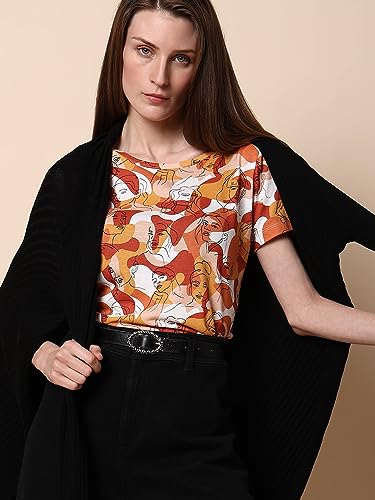 VERO MODA Women Printed Cotton Blend Regular Fit Brown T-Shirt