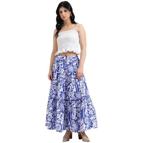 United Colors of Benetton Regular Fit High Rise Printed Skirt (Size : 24) - 26P4WVLSK318I901 Blue
