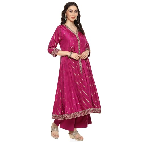 BIBA WOMEN YARNDYED ANARKALI SALWAR KURTA DUPATTA(SKDTHE GOLD8966_MEGANTA_34)