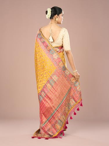 MOHEY Women's Satin Weave Saree with Blouse Piece(Mustard Yellow)