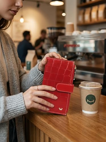 Calfnero Women’s Genuine Leather Croco Embossed Wallet | Long Clutch Wallet with Multiple Card Slots, ID Window & Dual Zip Compartments