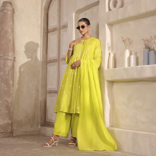 Biba Women's Silk Kurta Set (SKDTMETWEV30287AW25LIM_Lime Green