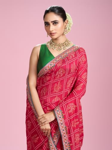 MOHEY Women's Chinon Printed, Stone Work & Thread Work Saree with Blouse Piece (Pink)