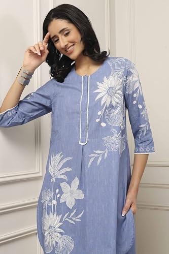 BIBA Women Blue Cotton Straight Kurta Pants Set_36
