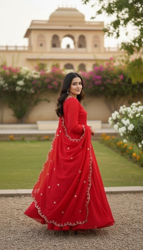 Traditional Red Anarkali Dress with Embroidered Details, Elegant Traditional Style (in, Alpha, XL)