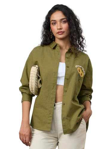 The Souled Store Cotton Linen: Flower Child Women and Girls Long Sleeves Collared Neck Button Front Green Embroidered Cotton Linen Boyfriend Shirts