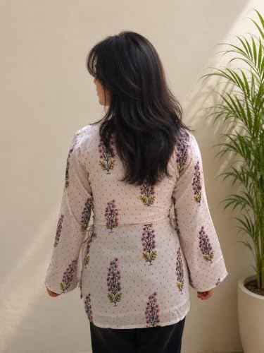 Kurvee Women Floral Print Cotton Kurti | Corset Style | Side Tie-Up Design | Straight Fit | Lightweight Breathable Fabric | Ethnic Kurta for Women | Comfortable Stylish Tunic Top | White, XL |