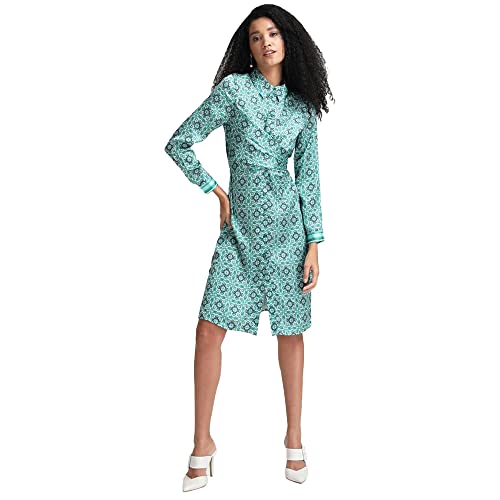 Kazo Geometric Polyester Blend Collar Neck Women's Midi Dress (Green,Small)