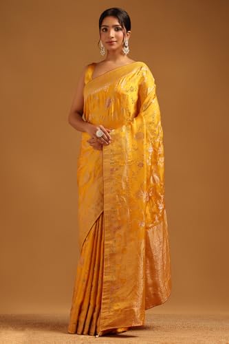 Soch Womens Mustard Satin Botanical Saree With Zari Woven