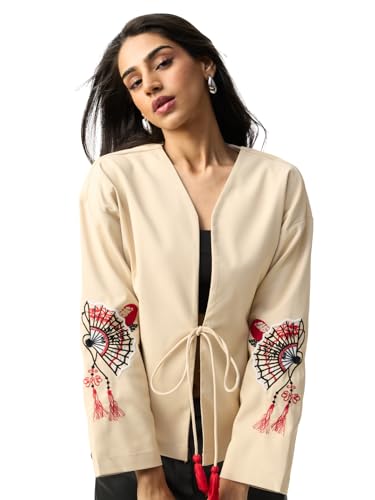 The Souled Store Tie-Up Shirt: Sandy Bloom Women and Girls Full Sleeves V Neck Beige Floral Embroidered Polyester Oversized Fit Lightweight All-Season Tie-Up Shirt