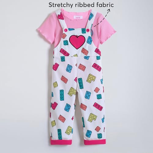 Hopscotch Girls Short Sleeves Pink 2-Pc Heart Applique T-shirt & Dungaree (5-6 Years)