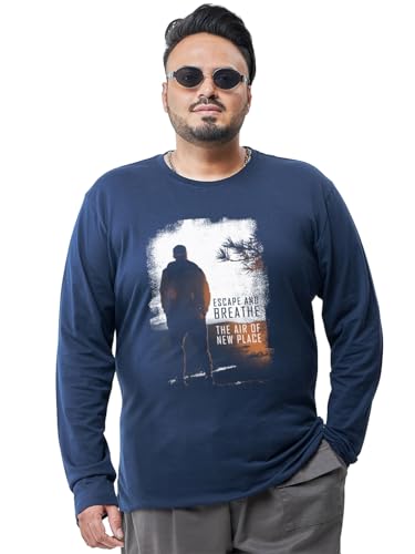 Bewakoof Men's Graphic Print Regular Fit Full Sleeve Round Neck Cotton Plus Size T-Shirt_694247_Blue_3XL