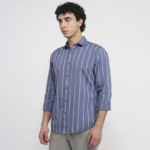 Park Avenue Men Slim Fit Stripe Pattern Pure Cotton Short Collar Full Sleeve Round Hem Casual Shirt Dark Blue