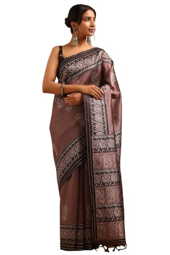 Soch Womens Earth Tussar Kantha Embroidered Saree With Faux Mirror