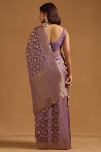 Soch Womens Lavender Satin Botanical Zari Woven Saree