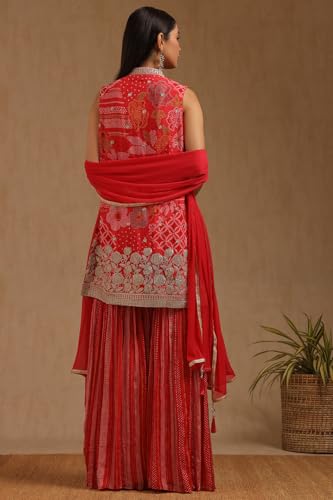 Soch Womens Red Chinon Bandhani Print Suit Set With Zardosi