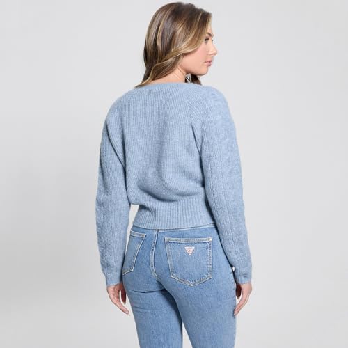 GUESS Women's Blue Ribbed V-Neck Long Sleeves Sweater