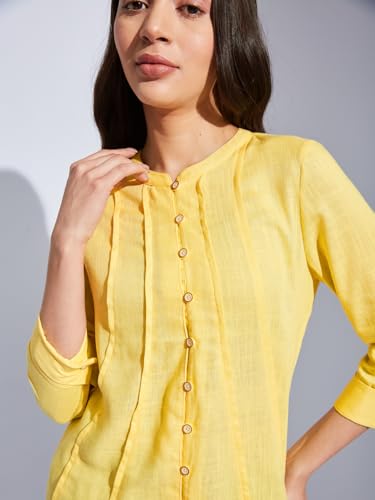 Latin Quarters Women Yellow Mandarin 3/4th Sleeves Solid Shirt Blouse for Casual Wear_L