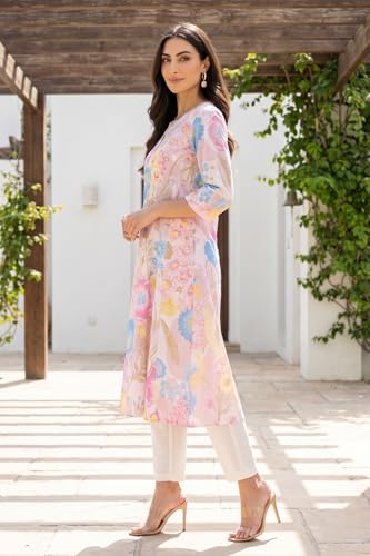 W for Woman Pink Bold Floral Printed Pure Cotton A-line Kurta with Straight Pants Set - (WS14520K-128159-XXL)