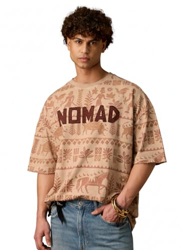 The Souled Store Nomad: Indus Brown Men and Boys Short Sleeves Round Neck Graphic Printed Tribal Casual Drop Shoulder Streetwear Trendy Super Oversized T-Shirt