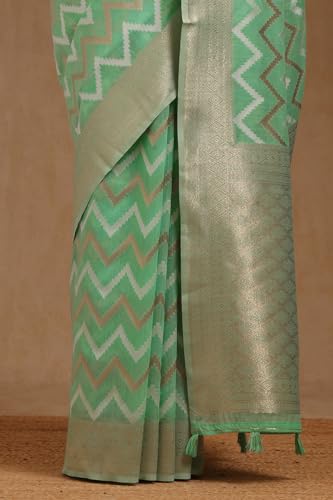 Soch Womens Light Green Linen With Zari Woven Saree With Zari Woven