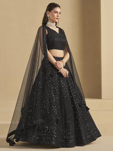 Zeel Clothing Women's Sequins Thread Embroidered Georgette Lehenga Choli With Dupatta (5124-Women-Lehenga-Choli-New; Free size) (Yellow) (Black)