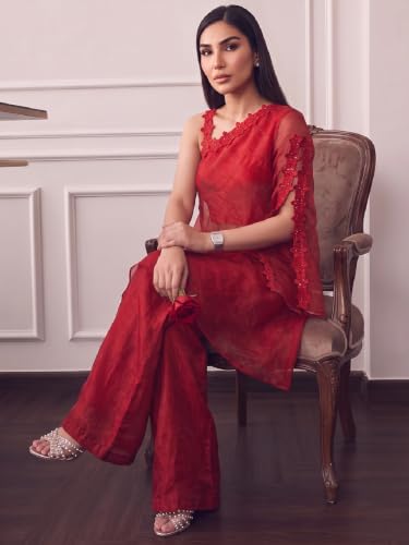 Varanga Women Ombre Red A Line Kurta Palazzos Set One Shoulder Sleeveless
