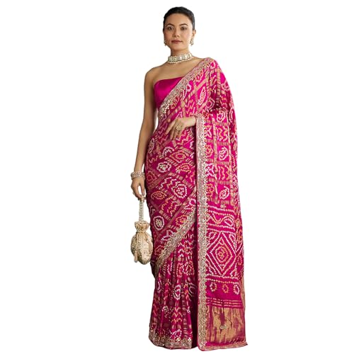 KALKI Fashion Pink Bandhani Saree With Gota Work Satin sarees for women