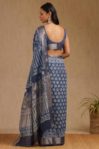 Soch Womens Indigo Viscose Block Print Saree