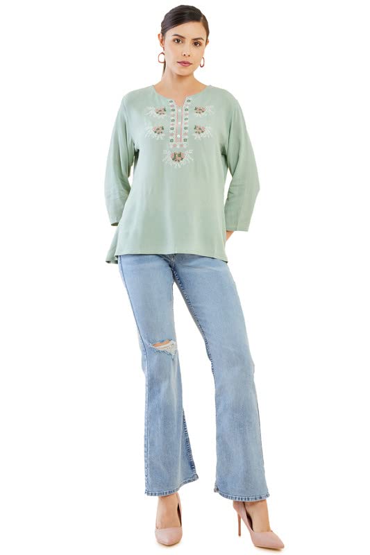 Soch Womens Sap Green Crepe Tunic with Geometric Embroidery